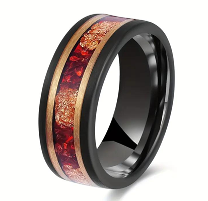Eclipse Artisan Black & Rose Gold Tungsten Ring with Stone and Gold Leaf Inlay