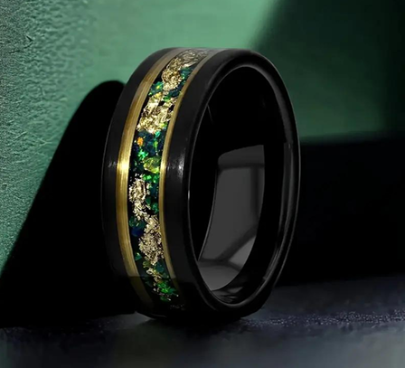 Nocturne Gilded Black & Rose Gold Tungsten Ring with Stone and Gold Leaf Inlay