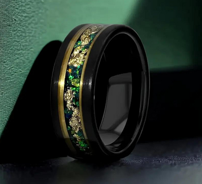 Nocturne Gilded Black & Rose Gold Tungsten Ring with Stone and Gold Leaf Inlay