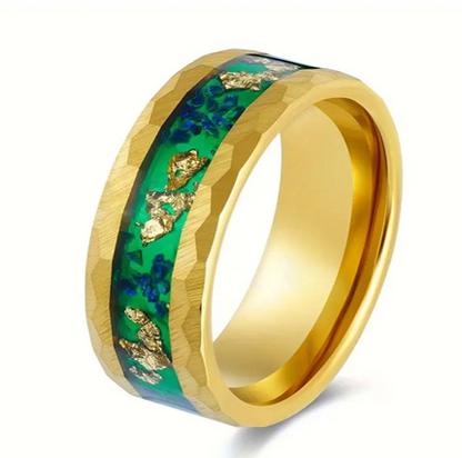 Gilded Legacy Gold Plated Tungsten Ring with Stone and Gold Leaf Inlay