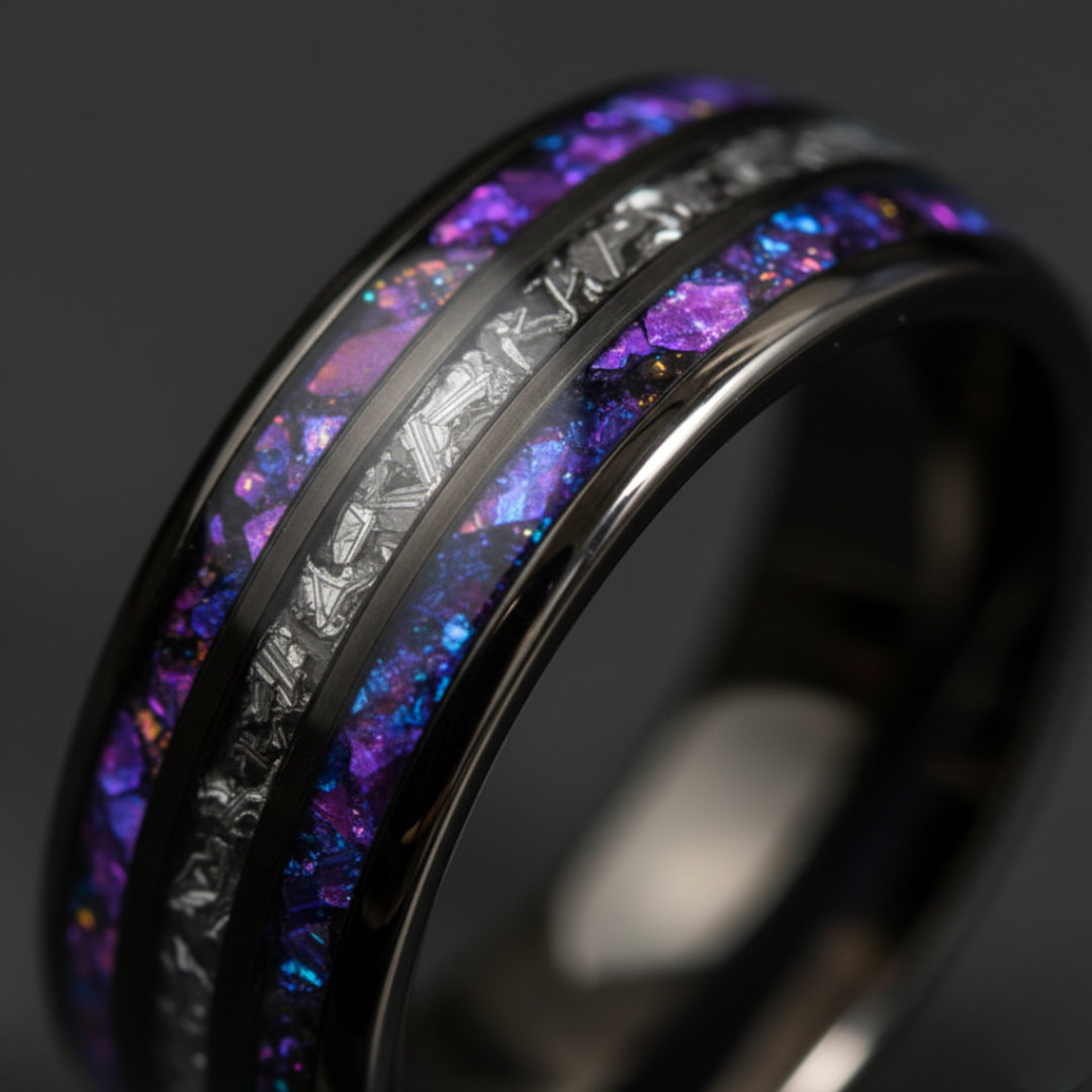 Celestial Dominion Gunmetal Tungsten Ring with Dual Nebula Galaxy Inlay and Meteorite Core