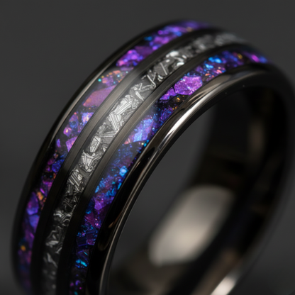 Celestial Dominion Gunmetal Tungsten Ring with Dual Nebula Galaxy Inlay and Meteorite Core