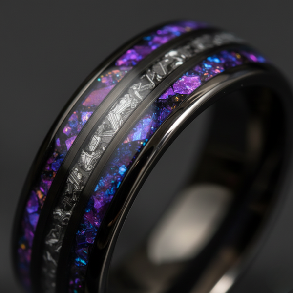 Celestial Dominion Gunmetal Tungsten Ring with Dual Nebula Galaxy Inlay and Meteorite Core